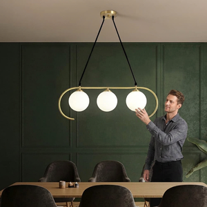 CH Modern Brass Chandelier With White Glass Globe Lights Geometric Design Ceiling Mount Indoor Home Decor Living Room Fixture - Product Image 1