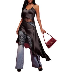 Robe nuisette en satin pour femme, col en V, asymétrique, haute et basse, transparente, pour soirée ou cocktail, avec détails en dentelle - Product Image 1
