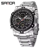 SANDA 3394 Multifunktionale digitale Business-Armbanduhr, minimalistische Countdown-Leuchtuhr mit drei Zeitzonen, Sportuhr