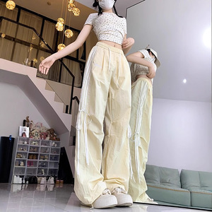 قماش تنفس منتصف الخصر شقة الجبهة السراويل الرياضية عارضة النساء الصيف فضفاضة مستقيم الساق مظلي عادي مصبوغ طويلة - Product Image 5