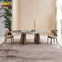 Table à manger ovale en marbre plaqué, moderne et luxueuse, pliable, avec pieds en métal bronze