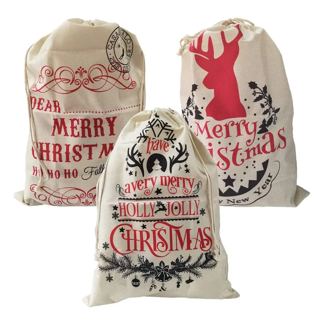 Custom Logo Printing Santa Sacks Large Christmas Drawstring Bags Candy Storage Drawstring Linen for Christmas Gift Bag