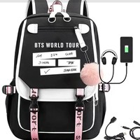 Katseye Tas Ransel Fashion Poliester USB Gaya Netral Lintas Batas dengan Pola Cetak Tepi Kontras Kapasitas Besar Gaya Korea