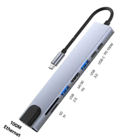 Lecteur de cartes 8-en-1 USB-C, adaptateur Hub USB-C Ethernet LAN RJ45 100M pour ordinateur portable, OEM Guangdong USB 3.0