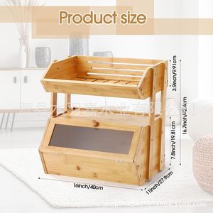 Wooden Bread Box Double Layer Storage Rack 16inch <b>Kitchen</b> Desktop Organizer For Food And Sundries - Product Image 1