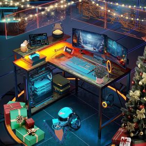 Tomas de corriente ajustable en forma de <span class=keywords><strong>L</strong></span> LED ordenador <span class=keywords><strong>Gamer</strong></span> soporte de escritorio estantes reversibles esquina fibra de carbono negro pequeño escritorio de juegos - Product Image 2