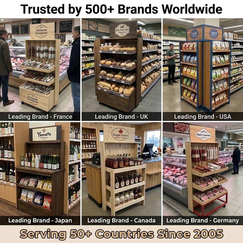 Wholesale Wooden Charcuterie Display Stand Floor Sausage Salami Saucisson Rack Vacuum Food Deli Merchandiser Slanted Shelf Hooks — view 6