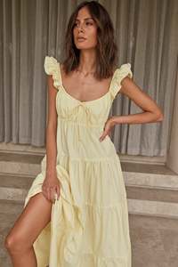 <span class=keywords><strong>Robe</strong></span> mi-longue en coton pour femmes, avec bretelles à volants, cordon de serrage, décolleté carré arrondi, jupe à volants superposés - Product Image 2