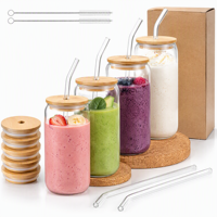 Ensemble de gobelets réutilisables en verre borosilicate de 12 oz sans BPA, qualité alimentaire, avec couvercles en bambou et pailles, verres à boire, tasses