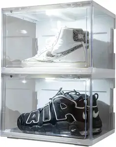 Clear Shoe Box with Light Glowing Plastic Shoes Box Easy to Assemble Stackable Side Door Sneakers Storage Box