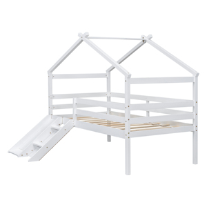 Kids Playhouse Loft <strong>Bed</strong>, White Twin Low Loft <strong>Bed</strong> <strong>with</strong> <strong>Slide</strong>, Ladder &amp; Anti-Fall Guardrails - Product Image 1