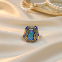 Tasarımcı Vintage Altın Ateş Opal Tam Değerli Taş Mavi Safir Kalın Bant Büyük Karat Geometrik Abartılı Zarif Yüzükler Sanat Takıları
