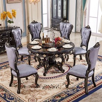 Table à manger ronde en bois et marbre noir de style royal antique français européen, durable et confortable, avec six chaises en cuir violet