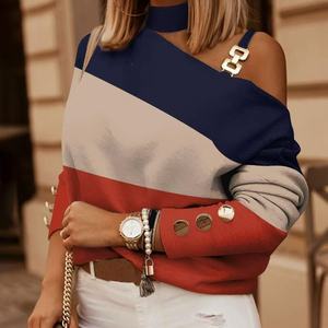 En vente automne hiver pull femmes couleur bloc à manches longues vêtements de créateur chaîne décolleté bouton pull tricoté - Product Image 4