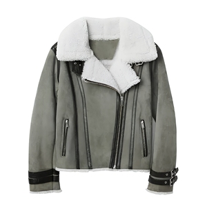 Women's Shearling Lined <b>Suede</b> Moto <b>Jacket</b> With Zipper Closure And Stand Collar Winter Warm Biker Style Coat - Product Image 4