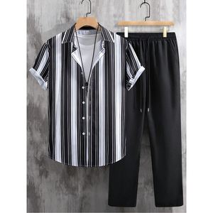 Lässiges gestreiftes Kurzarmhemd mit langer Hose Herrenbekleidung 2-teiliges Set Mode - Product Image 4