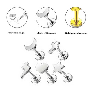 Trang sức khuyên tai, khuyên môi, khuyên sụn tai, khuyên vành tai bằng titan mạ vàng, kiểu dáng mặt trăng, sao, trái tim, thánh giá, có ren trong. - Product Image 4