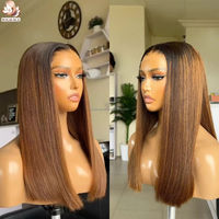 Perruque en cheveux humains naturels vietnamiens bruts, double densité, avec closure en dentelle HD transparente 5x5, couleur marron miel, lisse et sans colle