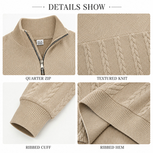 Men's Vintage Style Quarter <b>Zip</b> Sweatshirt Cable Knit Textured Long Sleeve Loose Fit Warm Casual Pullover for Cold Weather - Product Image 3