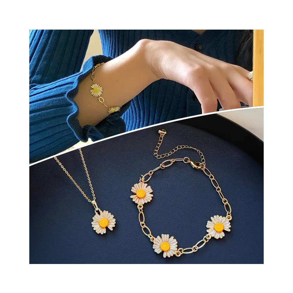 Lovely Boho Fashion Cute Daisy Flower Silver Jewelry Set Pendant Earrings Ring Bracelet Necklace Set Women Jewelry Sets