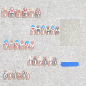 30 Uñas Postizas de Verano Azules Cromadas, Estilo Francés, Cobertura Completa, Almendradas Medianas, con Diseño Floral, Duraderas y Reutilizables - Product Image 3