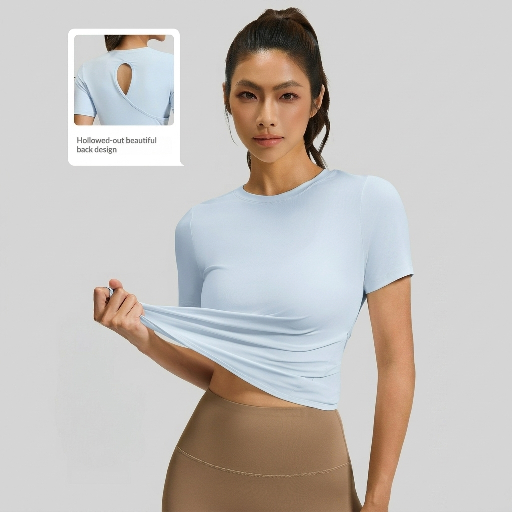 Wholesale Quick Dry Breathable Crew Neck Solid Back Hollow Out Cross short sleeve shirt tshirt women yoga top