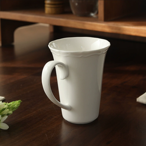 Bulk High Quality White Porcelain Mug, Embossed Scalloped Rim <b>Ceramic</b> Coffee <b>Cup</b> Custom Logo for Gift & Hotel - Product Image 3