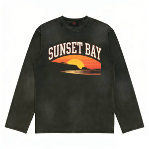 <span class=keywords><strong>T</strong></span>-shirt à manches longues à imprimé rétro coucher de soleil, surdimensionné, vintage, délavé, décontracté pour homme, coupe ample, confortable, en coton - Product Image 1