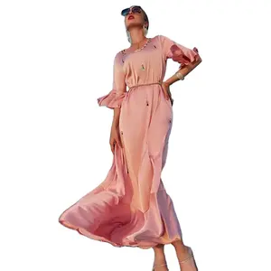 trendy fabric women dress straight maxi long dress cute pink stain beading casual dress with rhinestone