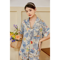 Ensemble de pyjama de luxe pour femme en soie glacée ultra-fine, tissé, doux, respirant, à séchage rapide, col en V, manches courtes, longueur cheville, motif Fleur de Monet