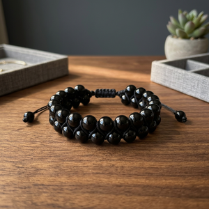 Cuentas de piedra de cristal de ágata negra Natural, cuentas de 8mm, cuentas de doble capa con cuerdas de algodón, pulsera, pulseras de piedra de doble capa - Product Image 1
