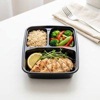 Boîtes bento jetables Kingstar 28oz en PP noir à 3 compartiments avec séparateurs pour gâteaux
