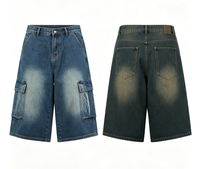 Pantaloncini in Denim Lavato da Uomo, Vestibilità Ampia, con Tasche Laterali, Stile Casual Streetwear Hip Hop
