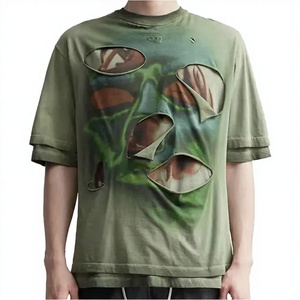 OEM ODM Men Loose Casual Oversized Ripped <b>Graphic</b> T Shirt <b>Vintage</b> Washed Distressed Streetwear Cotton Fashion <b>Tee</b> Custom Cut - Product Image 1