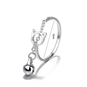 ANENJERY-Bague mignonne creuse couleur argent pour filles, bijoux cadeaux, chat, ouverture, cloche, pendentif