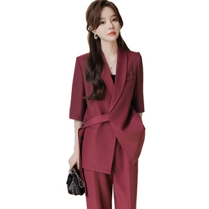 Women's Suit Set Solid Color Three Quarter Sleeve Belted Breathable Satin Casual Professional Style 2025 Summer Thin Fit - Product Image 5