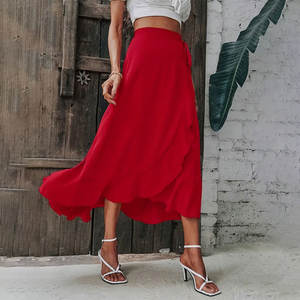Faldas Para Mujer con cinturón y ribete de volantes Para Mujer, falda <span class=keywords><strong>Midi</strong></span> ajustada de Color rojo elegante para Mujer de verano - Product Image 5