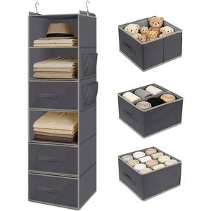 6-Tier Hanging Closet Organizer Non-Woven with 3 Drawers & Side Pockets Foldable Hanging Shelf for Wardrobe Bedroom Storage - Product Image 2