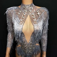 Tenues de Pole Dance à Manches Longues avec Franges, Pierres et Cristaux – Combinaison Courte Moulante pour Femme