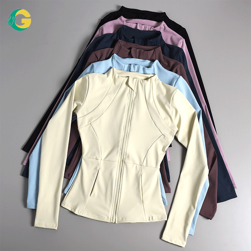 Zipper Front Stand Collar Yoga Jacket Slim Fit Paneling Details Performance Fabric Women Gym Fitness Workout Activewear Tops