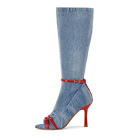 Bottes en jean pour femmes à bout ouvert, hauteur genou, avec boucle rouge décorative, fermeture éclair latérale, talon aiguille, pour soirée et mode
