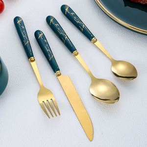 Ensemble de couverts 24 pièces en acier inoxydable avec manche en céramique motif marbre, finition dorée, couteau, fourchette, cuillère, coffret cadeau, style occidental, vente en gros - Product Image 5