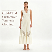 Robe midi personnalisée pour femme avec étiquette privée, en dentelle ivoire, sans manches, col en V, boutonnée sur le devant, taille smockée, plissée, style bohème