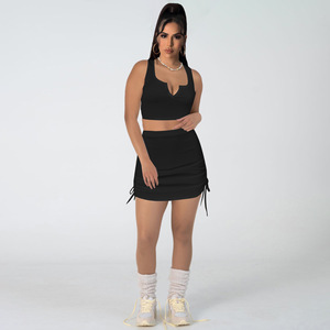 Ensemble de jupes courtes plissées ajustées sans manches avec cordon de serrage et logo personnalisé, pour le sport, le vélo, le jogging, pour femmes, 2 pièces - Product Image 2