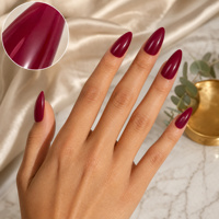 Faux ongles à presser personnalisés bordeaux, longs, forme amande, couleur unie, rouge vin brillant, en gel ABS, vente en gros OEM