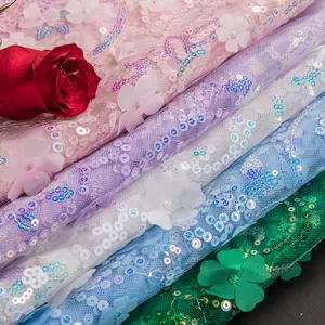 Tela de tul con purpurina azul, encantadora flor 3D bordada, telas para vestido de novia con textura de lentejuelas, suministros de fábrica de alta calidad