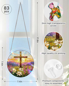 Attrape-soleil en vitrail floral en forme de croix, personnalisable en gros, cadeau de Pâques, directement de l'usine, décoration religieuse pour intérieur, chapelle et maison - Product Image 2