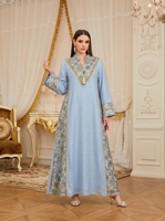 Robe longue de soirée musulmane modeste pour adultes, col cranté, broderie florale, patchwork, franges, garniture de perles, manches longues