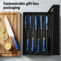 Ensemble de 10 couteaux de cuisine en acier Damas à motif laser avec manche en résine bleue, couteau de chef japonais Nakiri Kiritsuke, couteau utilitaire avec boîte cadeau