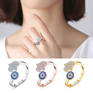 Anillo Hamsa <span class=keywords><strong>de</strong></span> Plata <span class=keywords><strong>de</strong></span> Ley 925 con Ojo y Circonitas, Ajustable, Protección y Suerte, Joyería <span class=keywords><strong>para</strong></span> Mujer, Oro Rosa, Venta al por Mayor, Personalizado OEM - Product Image 1